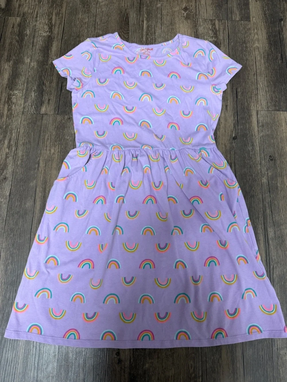 Cat & Jack Girls Lavender Rainbow Short Sleeve Dress Cotton Pocket Mid Length XL